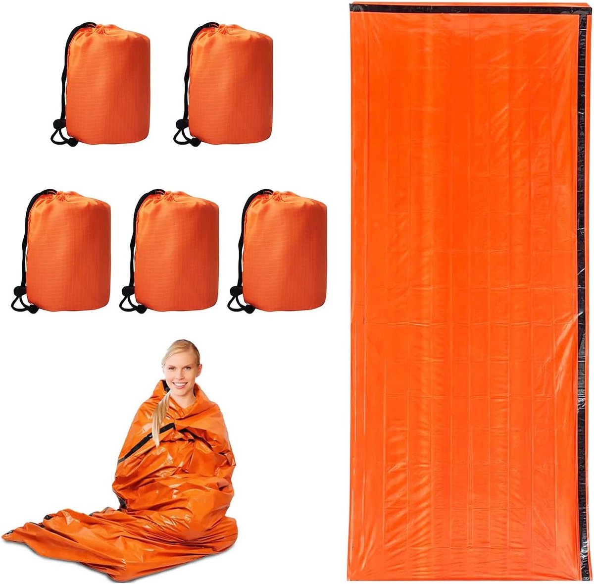 Emergency Survival Slaapzak, 5 stuks, 213 x 90 cm, waterdichte thermische bivy zak voor kamperen, wandelen, outdoor, duurzaam, lichtgewicht en compacte deken
