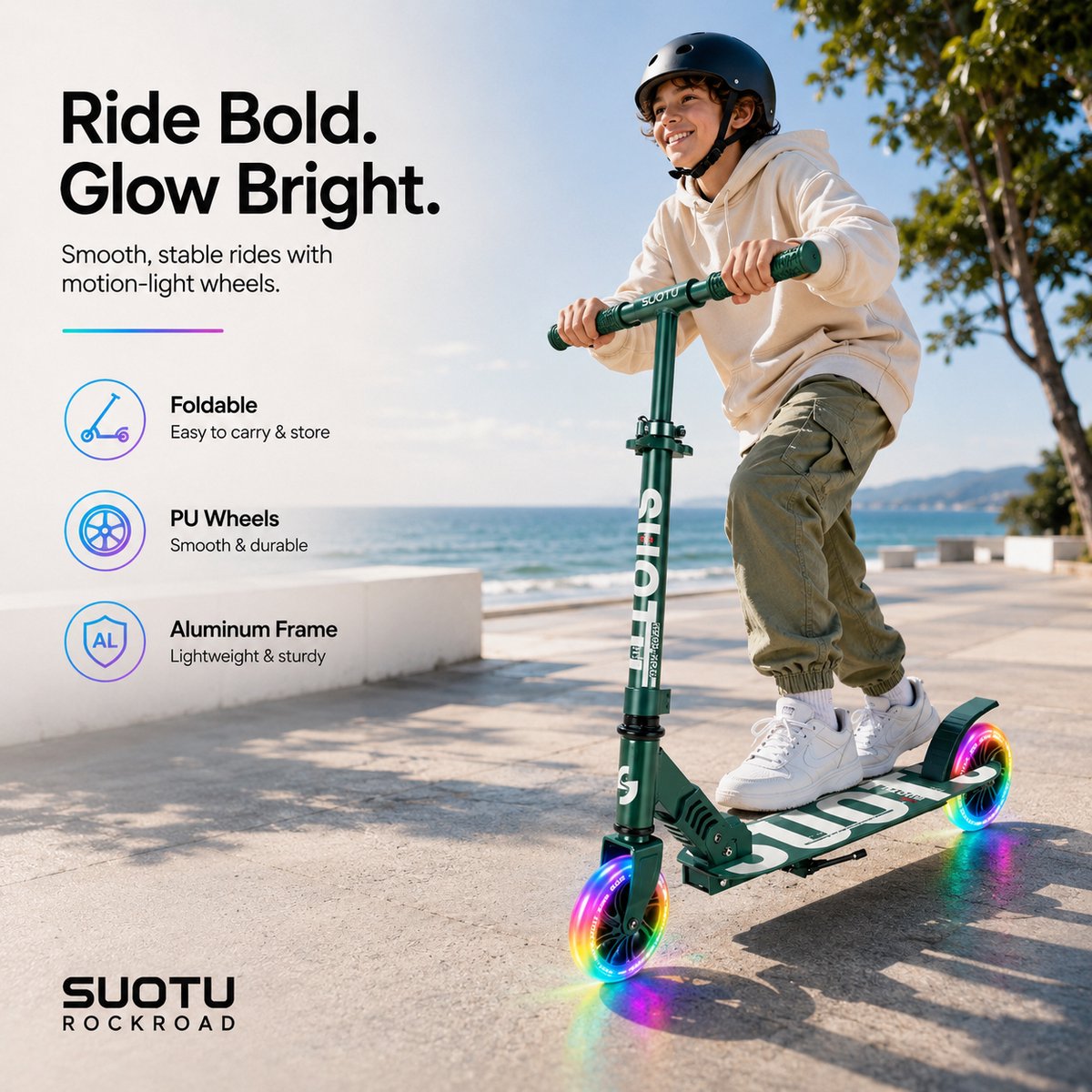 Suotu Kinderstep - 145mm Lichtgevende Wielen - Step - Speelgoed Jongens/Meisjes - Max stuurhoogte: 85 cm - Aluminium - Groen/Wit — afbeelding 10