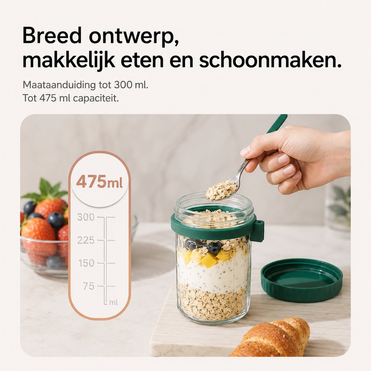 BOTC Overnight Oats Potjes - Voorraadpotten - Set van 4 met Lepels - 4x475ml Mason Jar - Glazen Potjes met deksels - Mason Jar - Lekvrij ontwerp — cadeau in Kookcadeaus - foto 4
