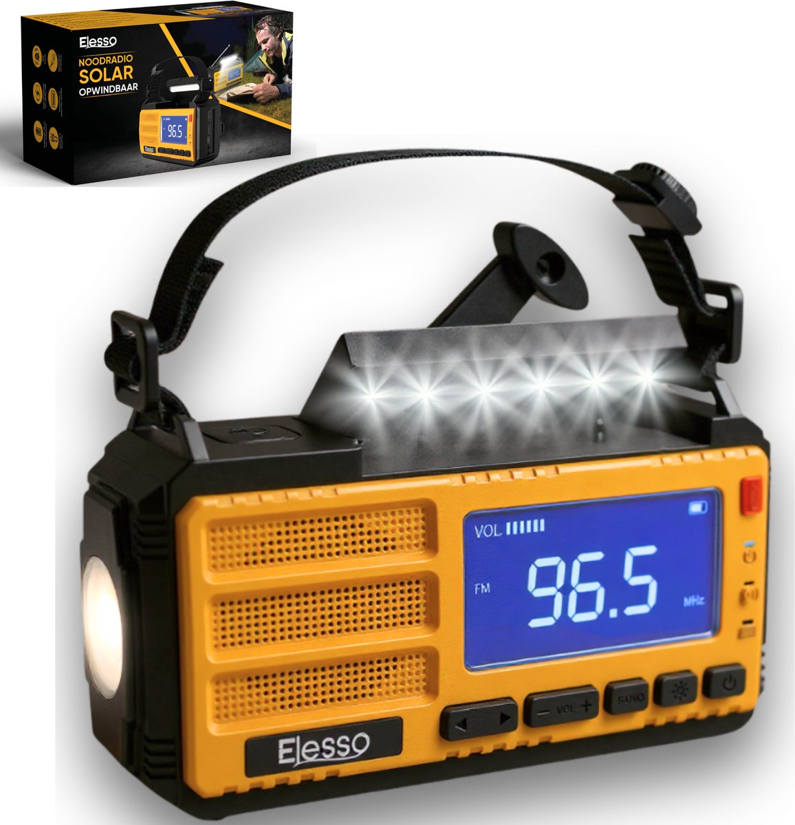 Bol.com Elesso® Noodradio 110 uur - 10.000 mAh - Solar powerbank Opwindbaar - Zonneenergie - Draagbare Radio op batterijen - Zak... aanbieding