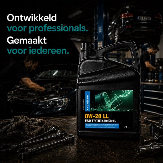 Zwarte 5L jerrycan Lindemann OW-20 LL vol synthetische motorolie, met monteur en auto op achtergrond.