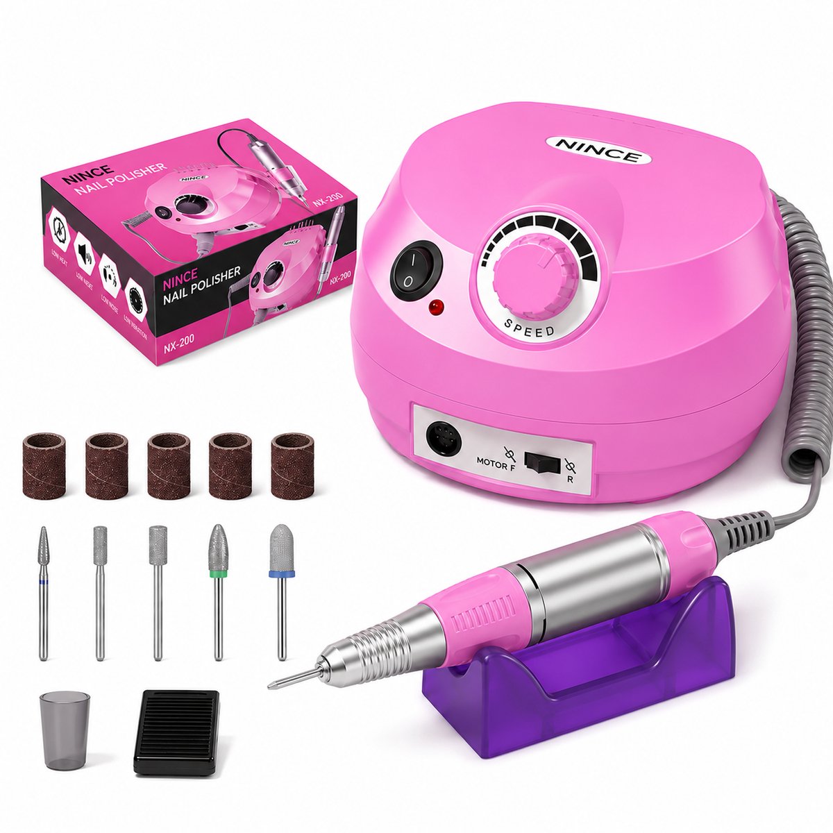 Nince Nagelfrees - Elektrische Nagelvijl voor Hand & Voet - 35.000 RPM - Inclusief Voetpedaal & Opzetstukken - Roze