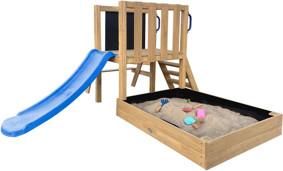 AXI Leah Mini Speeltoren met Zandbak en Picknicktafel – Blauwe Glijbaan – Met Krijtbord – FSC hout – Klein speeltoestel voor de tuin / buiten — afbeelding 2