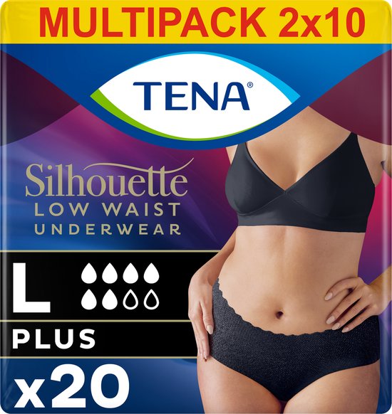 TENA Silhouette Plus low waist ondergoed, maat L, in zwart. Multipack 2x10 (20 stuks).