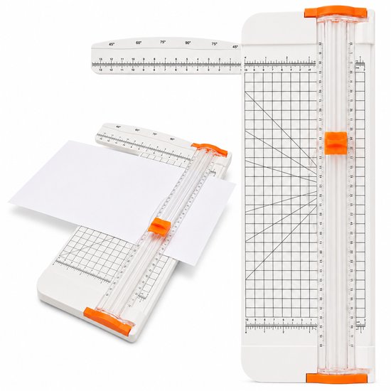 Massicot blanc avec détails orange, avec règles et une feuille de papier.