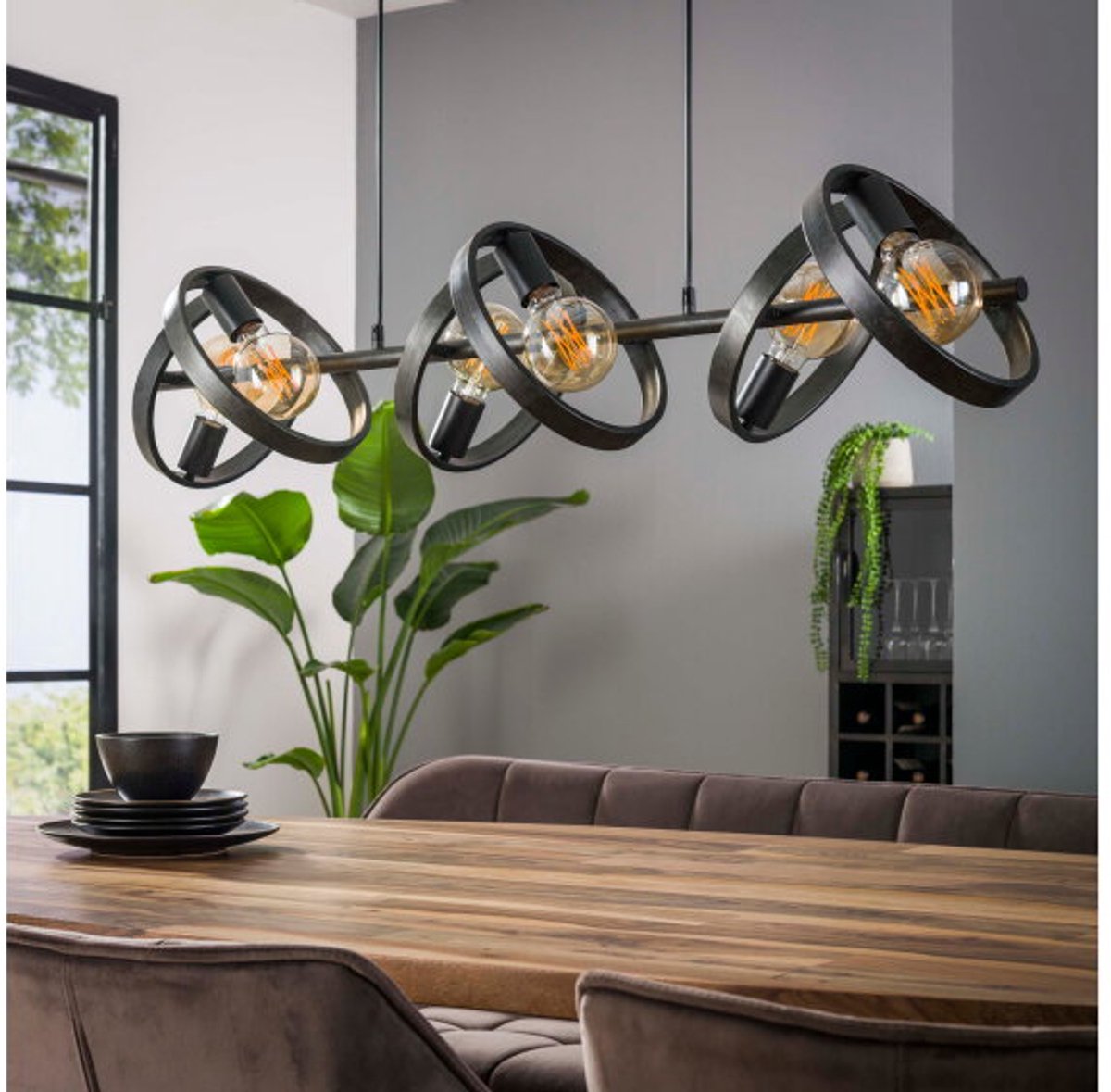 Meubelplaats Hanglamp Hover 6 lampen Charcoal - Modern Design - Verstelbare Hoogte - Sierlijke Metalen Ringen