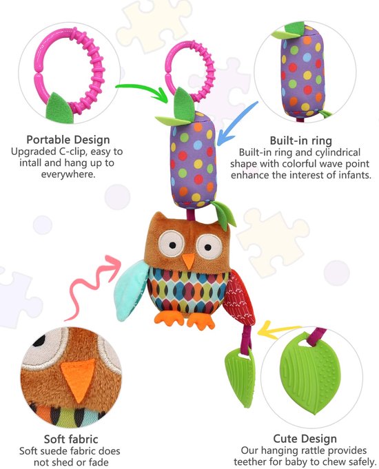 4 Stuks - Hangspeeltje - Kinderwagen speeltje - Wagenspanner - Rammelaar - Windgong - Baby Boxmobiel - Mobiel Dieren - Baby speelgoed - Knuffeldier - Muziekhanger Baby - Decoratie voor boven Bed, Box, Babykamer Accessoire - Baby cadeau - Stijl B — afbeelding 5