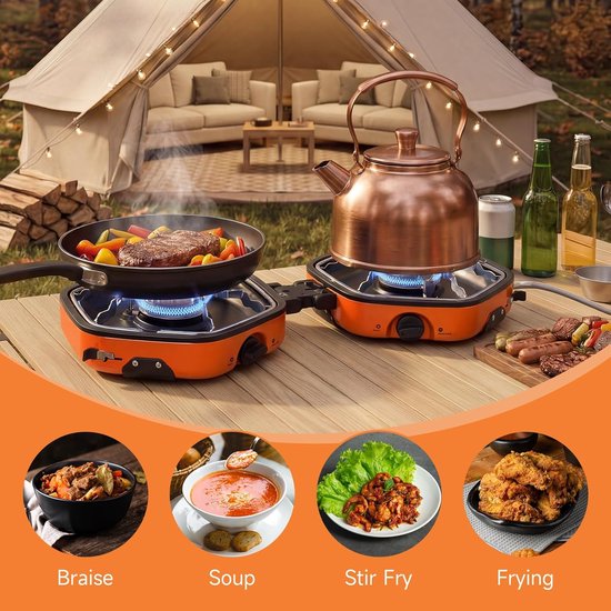Camping Gasstel - Draagbare Kookplaat - Buiten Koken - Dubbele Brander - 24x23x11.5 cm - Oranje — afbeelding 2