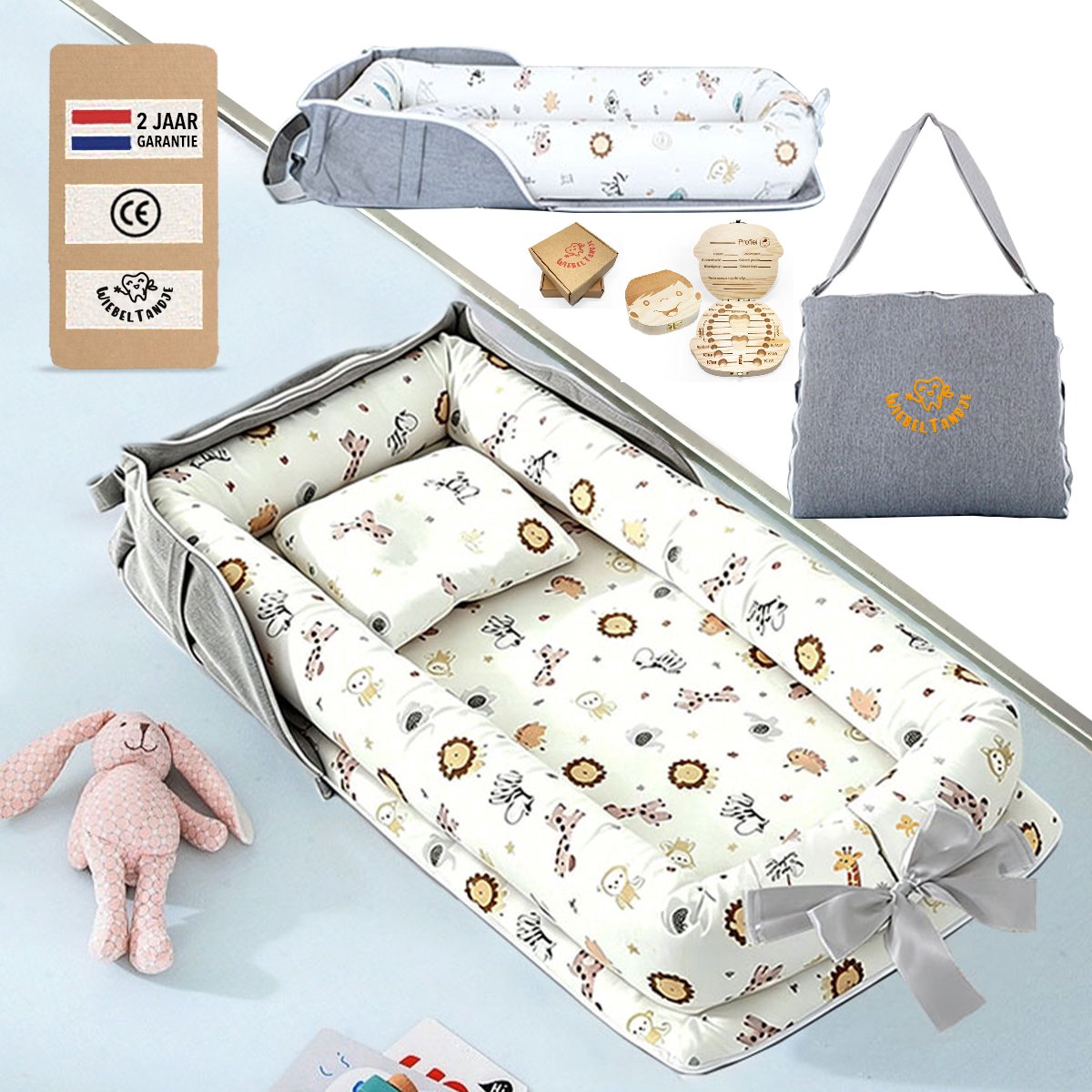 WiebelTandje Draagbare Baby Bed Luiertas Baby Nestje Uitklapbaar Baby Lounger 0 tot 24 maanden Verstelbaar Band Ontwerp - inclusief WiebelTandje Jongen Hout Tandendoosje - Licht Gewicht Eenvoudig Mee op Reis - Extra zacht en Stevig