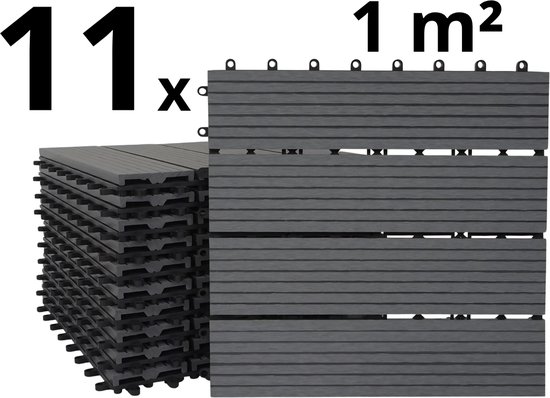 Stapel van 11 grijze composiet vlondertegels, bedekt met 1 m².