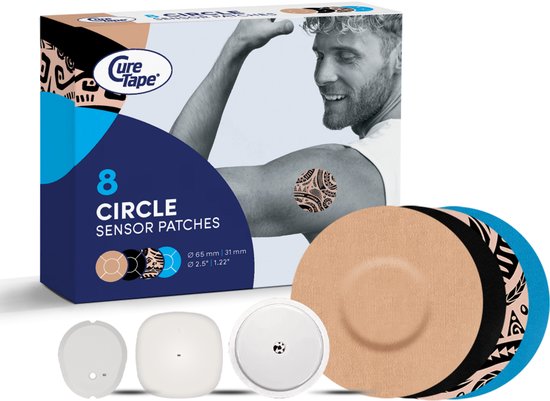 Doosje CureTape 8 Circle Sensor Patches met een man met tattoo op zijn arm.