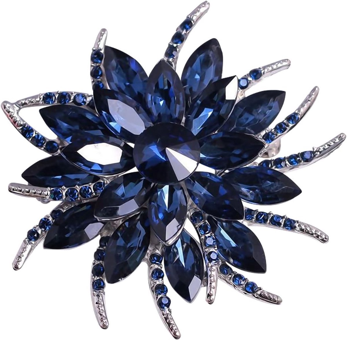 Bloem Speld - Dames Broche - Feestelijke Accessoire - Gedetailleerd Kristal Design - 6.3 cm Diameter - Blauw