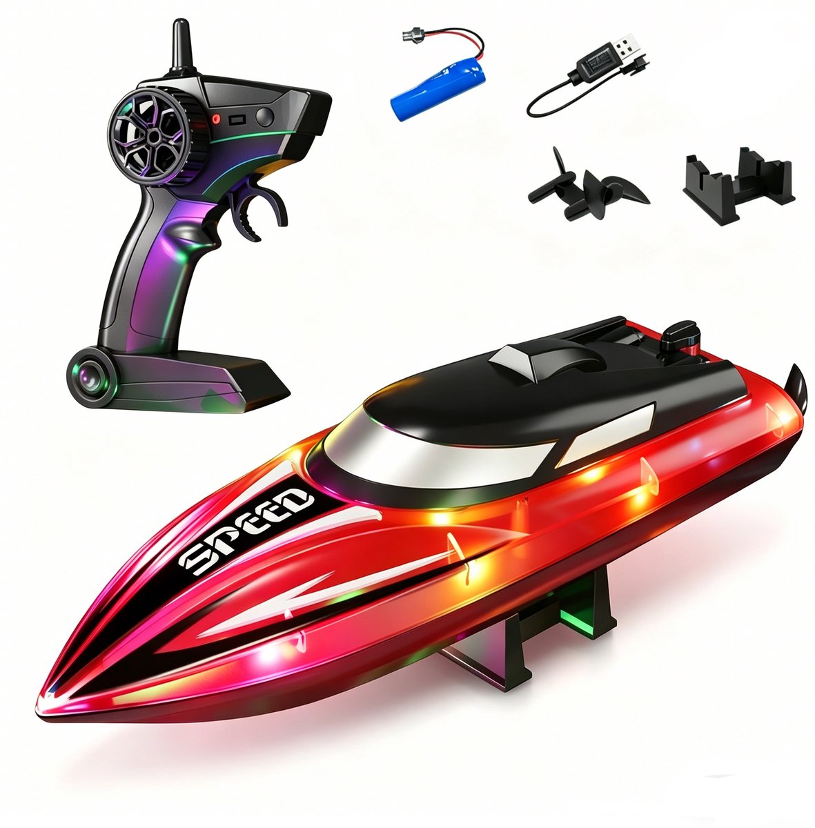 Rood Oplaadbare RC Boot Waterspeelgoed – LED Verlichting & Volledig Waterdicht – 100 Meter Bereik en 100 Minuten Speeltijd – Afstandsbediening Boot voor Jong en Oud(Batterijen niet inbegrepen).