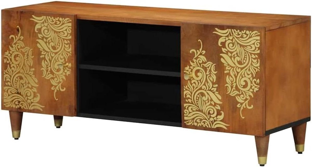 Tv-kast Massief Hout - Tv-meubel Kast - Opbergen Media - Klapdeuren Messing Handgrepen - 1