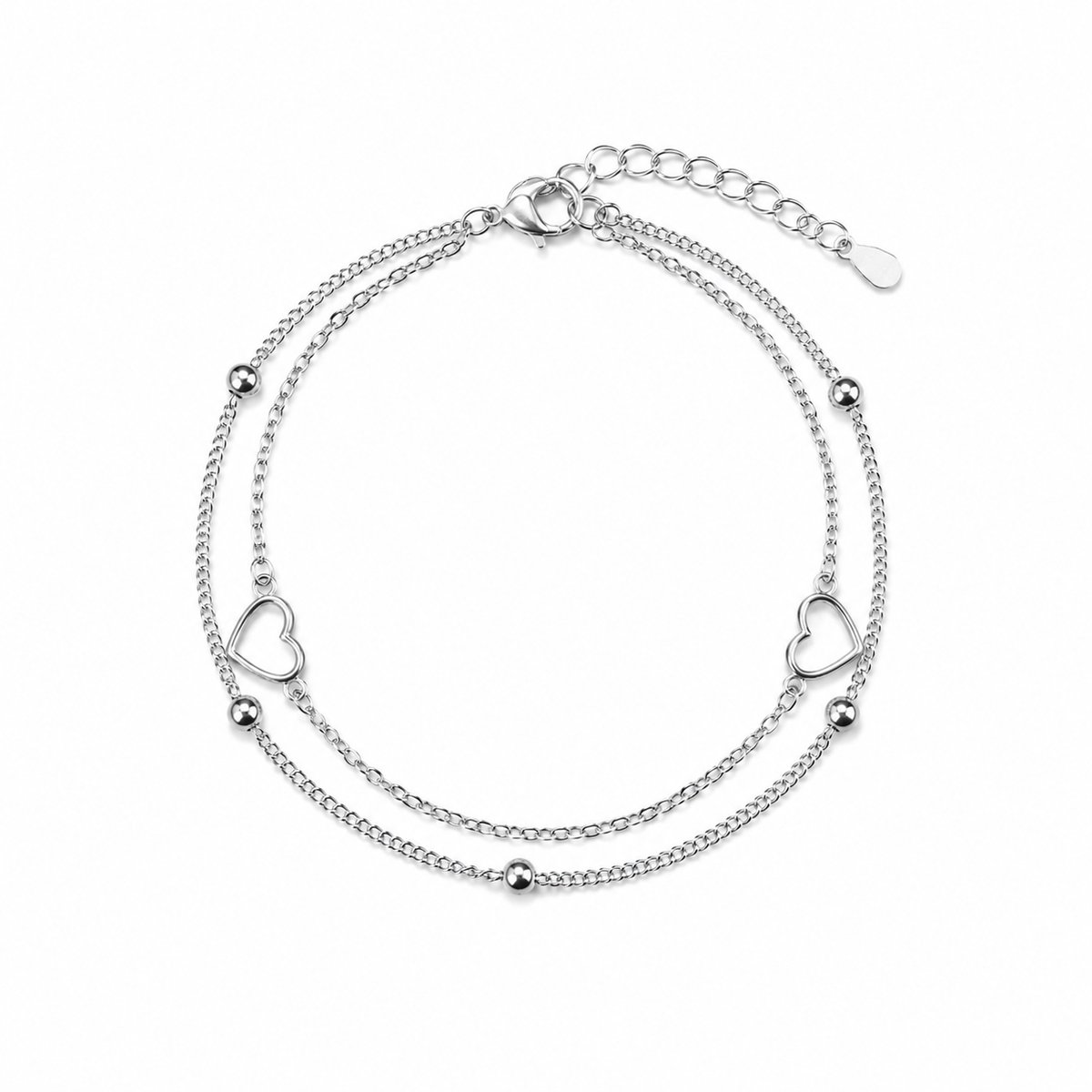 Engravia by Derya – Zilveren Hartjes Armband Dames – 925 Sterling Plating – Dubbele Layer Armband met Hartjes & Minimalistische Details – Elegant Cadeau voor Haar