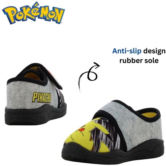 Grijze Pikachu pantoffels met klittenband en anti-slip zool. Een beeld van de zijkant en de voorkant.