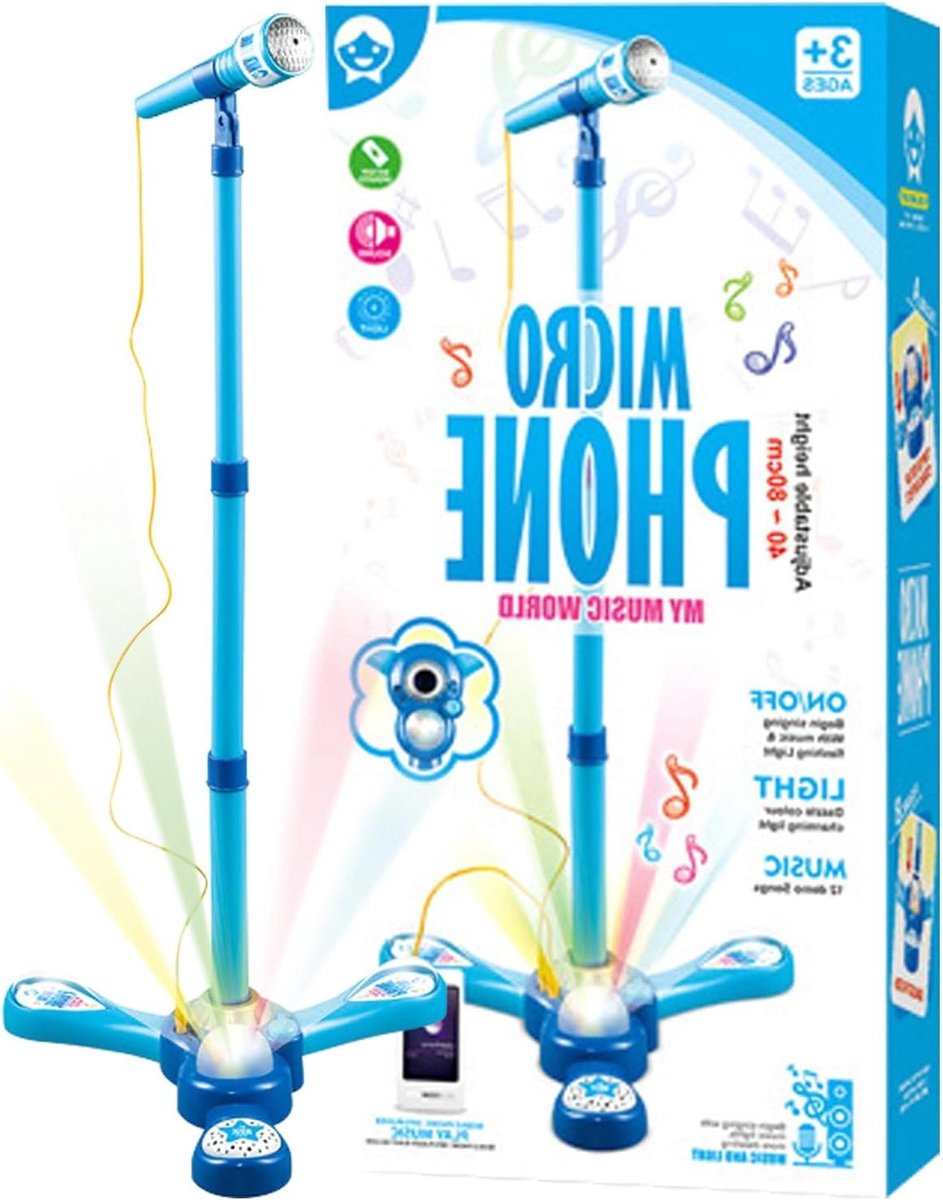 Kinder Microfoon - Muziek Speelgoed - Zingen en Optreden - Verstelbaar Statief - 345 x 17 x 7 cm - Blauw
