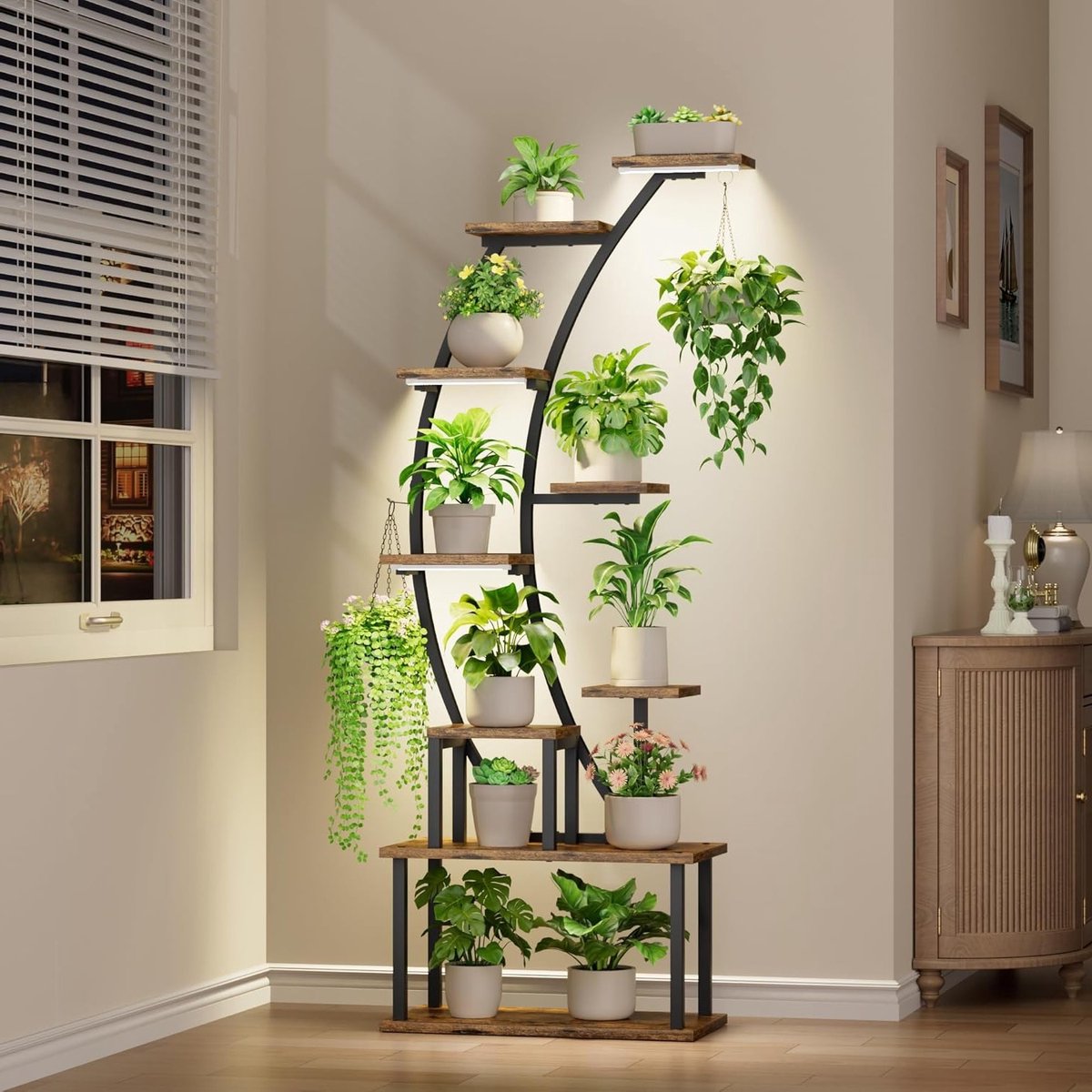 Hoogwaardige Plant Stand met Groeilampen, 160cm Plantenrek, 9-laags Hoekplantenhouder voor Bloemen en Planten in Woonkamer, Slaapkamer en Kantoor