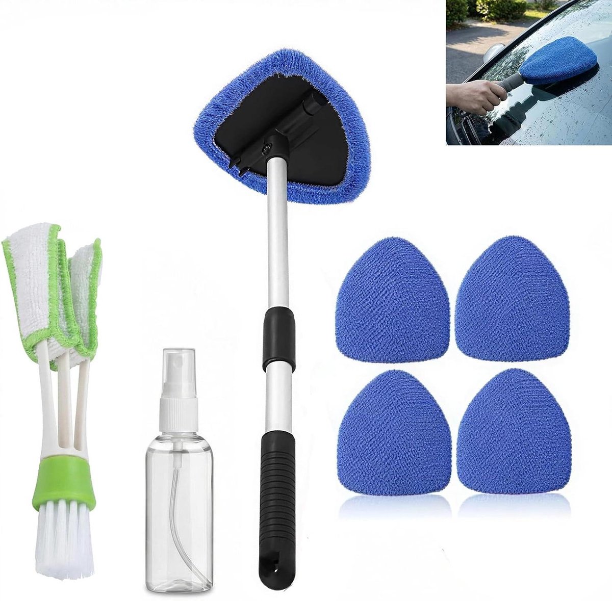 Reinigingsset Ramen - Voorruit Borstel - Auto en Thuis - 180° Draaibare Kop - 5 Microvezelpads - Grijs