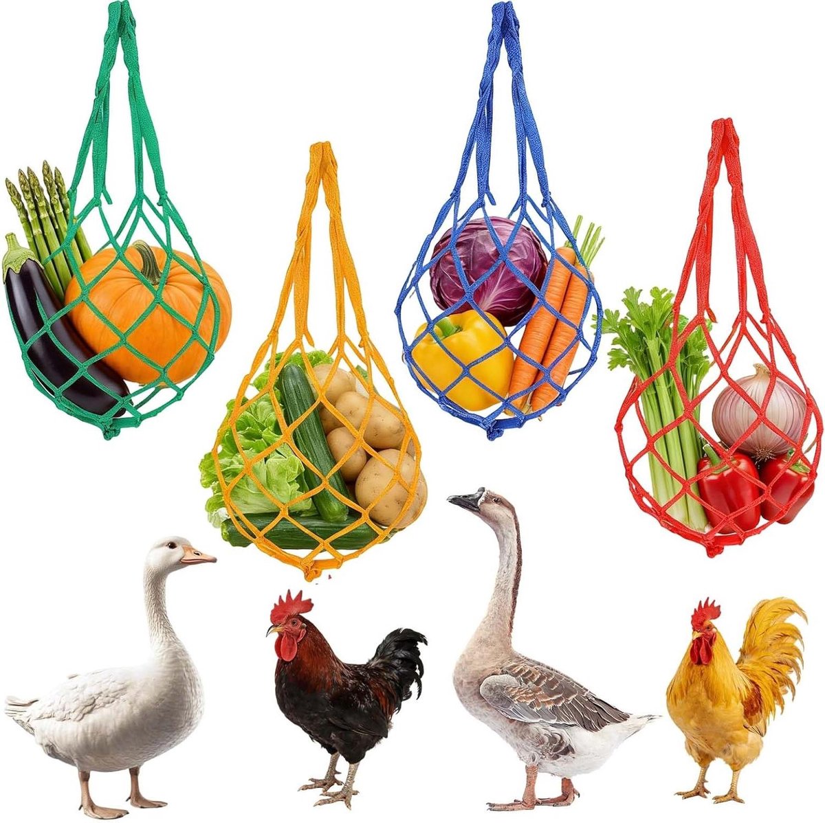 Kippen Voederzak - Voedingsspeeltje Kip - Kippen Bezig Houden - Vier Kleuren Nylon - 40 g - Meerdere Kleuren