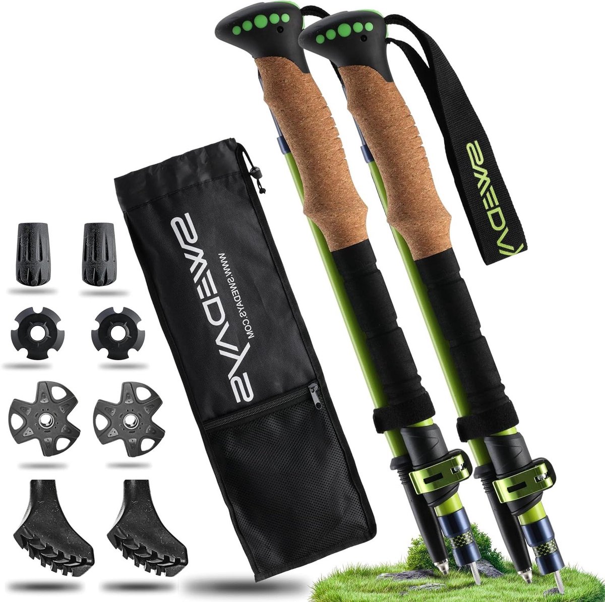 Wandelstokken Opvouwbaar - Trekkingstokken Nordic Walking - Buitenactiviteiten Ondersteuning - Verstelbaar Snel Vergrendelingssysteem - 115-135 cm - Groen Zwart