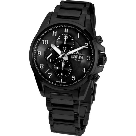Zwart herenhorloge van Jacques Lemans met chronograaf, datumfunctie en witte wijzers. Zwarte wijzerplaat met indexen.