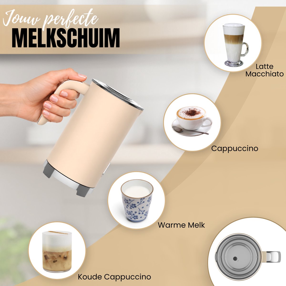 Motivai Melkopschuimer – Elektrische Milk Frother 300 ml Retro – BPA-vrij & PFAS-vrij – Voor Warm & Koud Melkschuim – Cappuccino & Latte – Matte Beige — cadeau in Kookcadeaus - foto 2