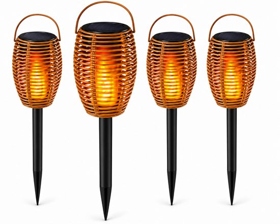 Solar Tuinlampen Set van 4 – LED Vlameffect Buitenlampen – Solar Tuinfakkels op Zonne Energie – Waterdicht IP65 – Draadloze Tuinverlichting