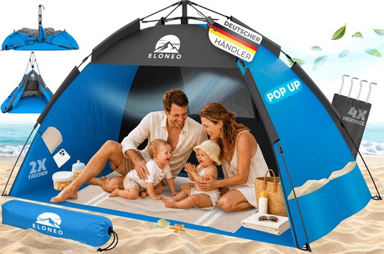 Gezinsstrandtent in blauw en grijs met 'pop up' en 'deutscher händler' logo's. Een gezin met twee kinderen zit erin. Bevat 2 tasjes en 4 haringen.