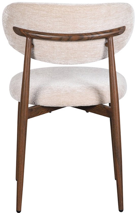 Arrière d'une chaise beige avec un dossier légèrement incurvé et une barre transversale en bois.