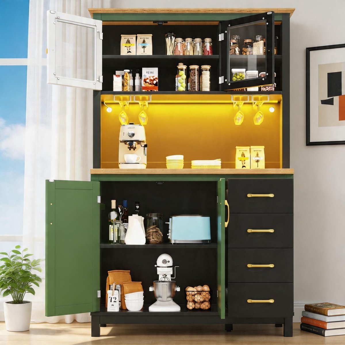 KOMHTOM - Bijzettafel / opbergkast / keukenkast / buffetkast - Landhuisstijl - 4 deuren - Met LED-verlichtingsstrip & drankhouders - Afmetingen: 105,5x40x180 cm - Kleur: Groen/zwart/wit