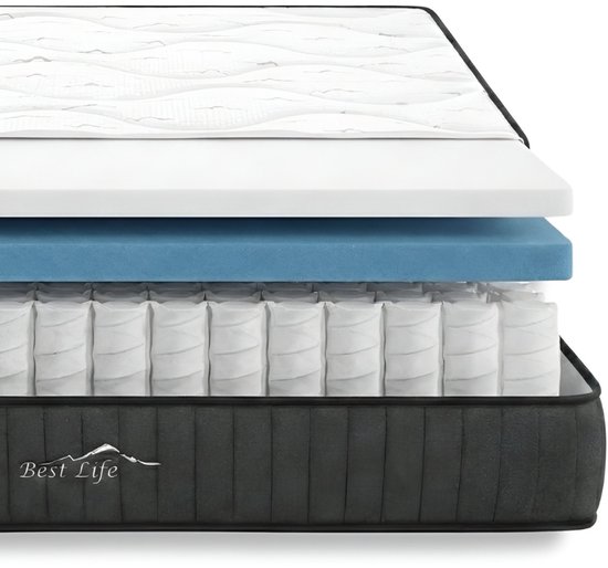 Een eenpersoonsmatras met lagen: tencel hoes, stability-foam, pocketvering en polyester.