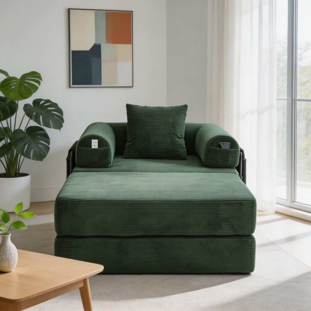 Komhtom - Cord-compressiefauteuil met poef en stabiel metalen frame - ergonomisch ontwerp en dikke vulling voor langdurig comfort - inclusief zijvak en kussens - vrij te combineren en veelzijdig inzetbaar