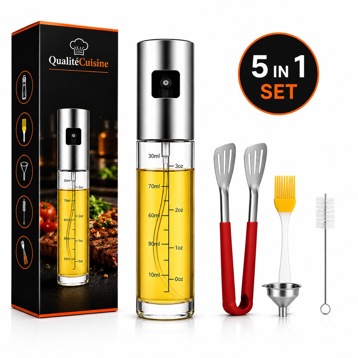 QualitéCuisine® Olijfolie Sprayer 100ml – Vernieuwde Versie – Olie Sprayfles / Olieverstuiver – Airfryer Accessoires – Voor BBQ, Bakken & Koken – Incl. Spatel, Bakkwast, Trechter & Schoonmaakborstel