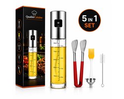 QualitéCuisine® Olijfolie Sprayer 100ml – Vernieuwde Versie – Olie Sprayfles / Olieverstuiver – Airfryer Accessoires – Voor BBQ, Bakken & Koken – Incl. Spatel, Bakkwast, Trechter & Schoonmaakborstel
