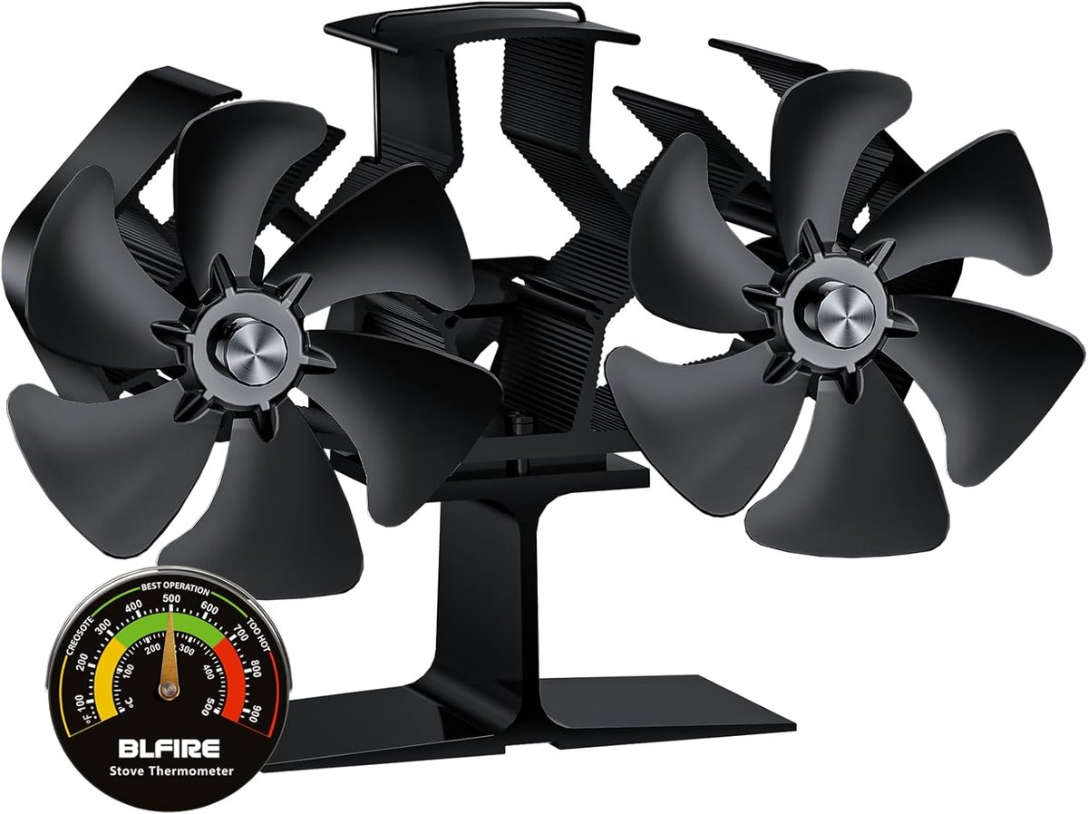 Houtkachel Ventilator - Warmte Ventilator - Warmte Verspreiden - Dubbele Motor - 12 Bladen - Zwart