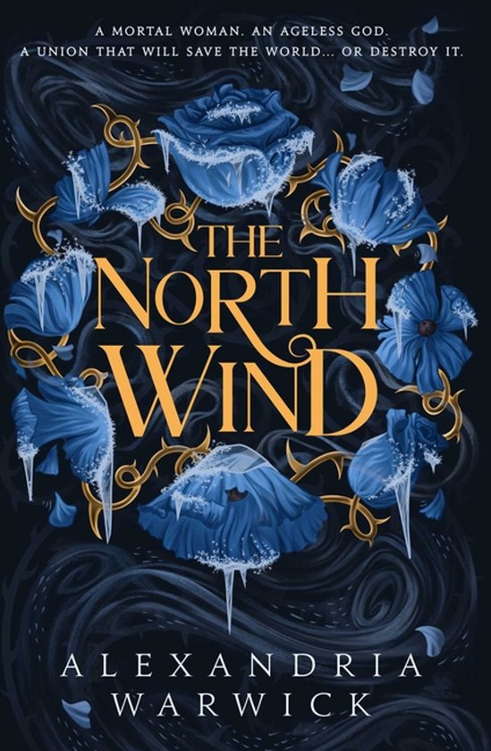 Boekomslag 'The North Wind' met blauwe, ijzige bloemen en gouden takken. Titel en auteursnaam in goudkleurige letters.