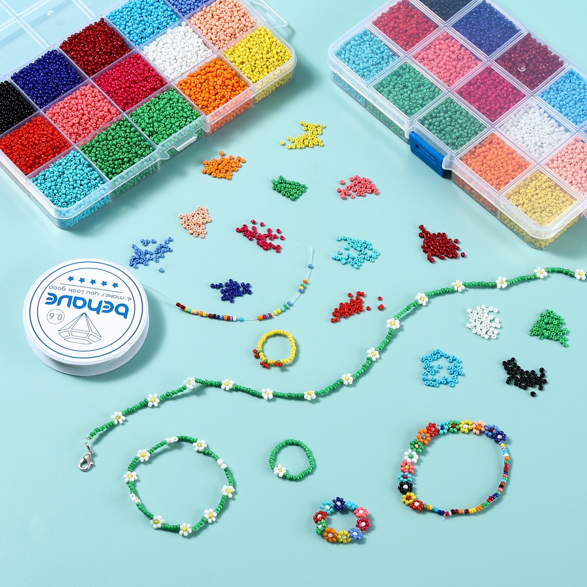 Behave Glaskralen Set 30.000 Stuks — Rocailles 2 mm — 30 Kleuren Pastel & Fel + Rijgdraad — afbeelding 3