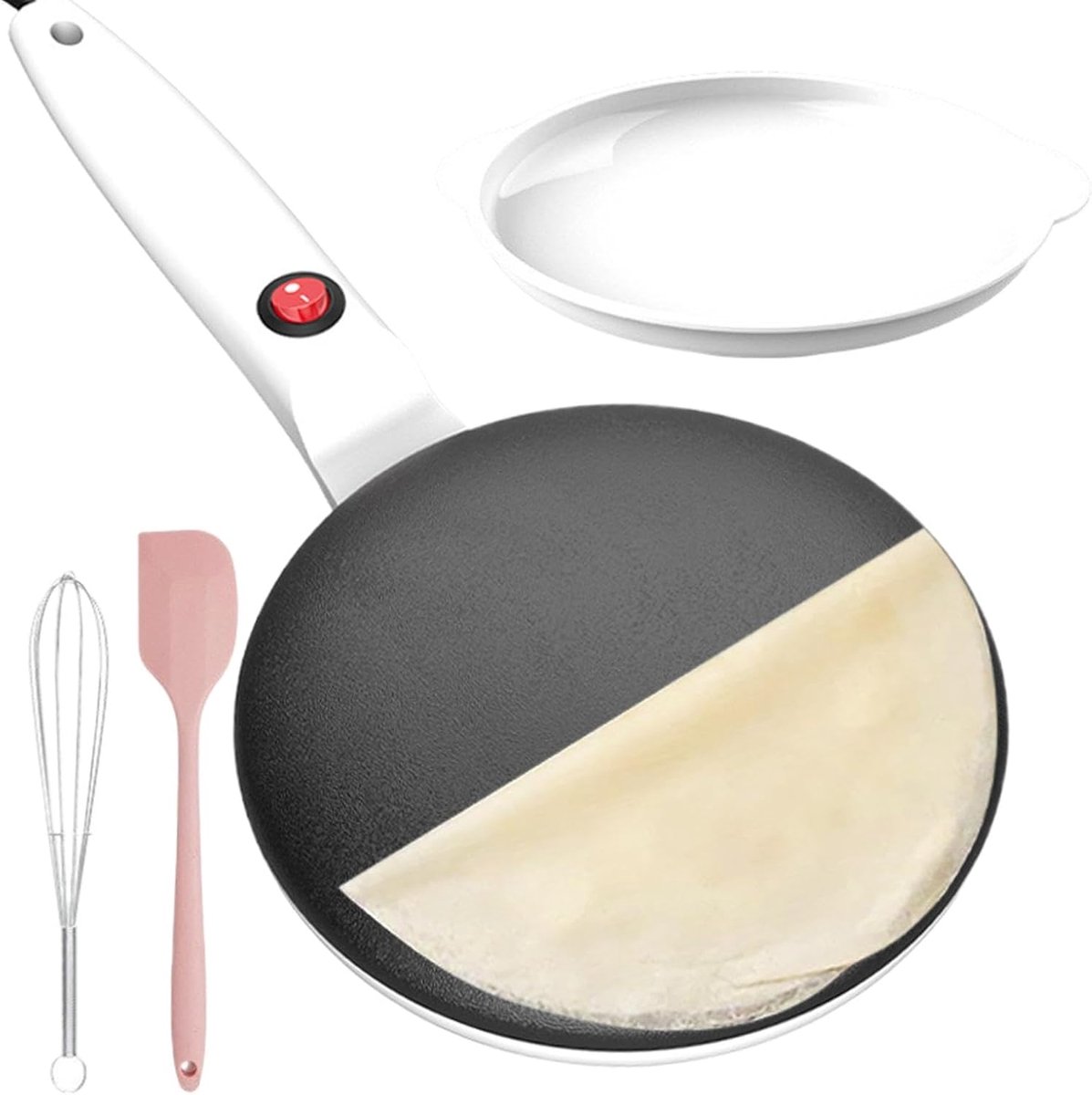 Pannenkoekenpan Elektrisch - Ontbijtpan Crêpemaker - Snelle Pannenkoeken Maken - Automatische Temperatuurregeling - 20 cm Diameter - Wit