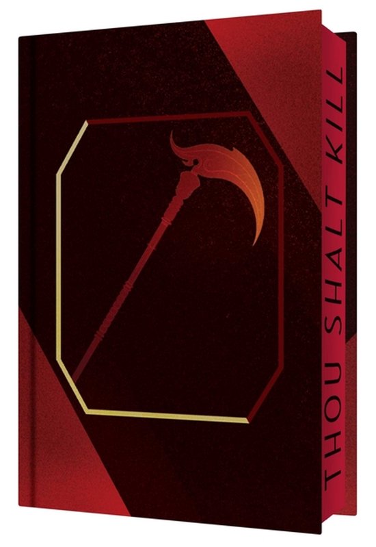 Donkerrode collector's editie boek met gouden en rode geometrische patronen, en een sikkel symbool. De titel 'THOU SHALT KILL' staat verticaal op de zijkant.