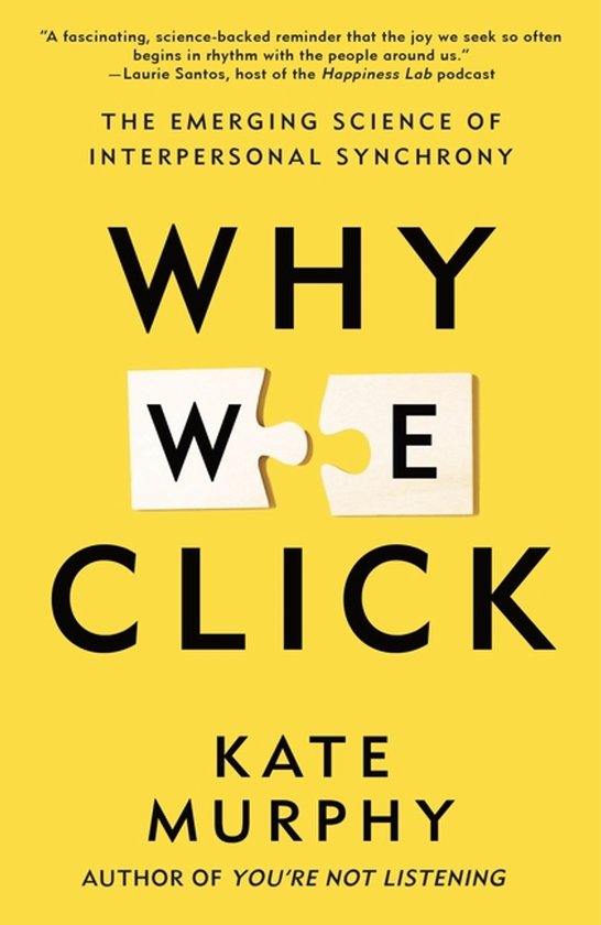 Boekomslag van "Why We Click" met gele achtergrond. Twee puzzelstukjes vormen de tekst 'WIE'.