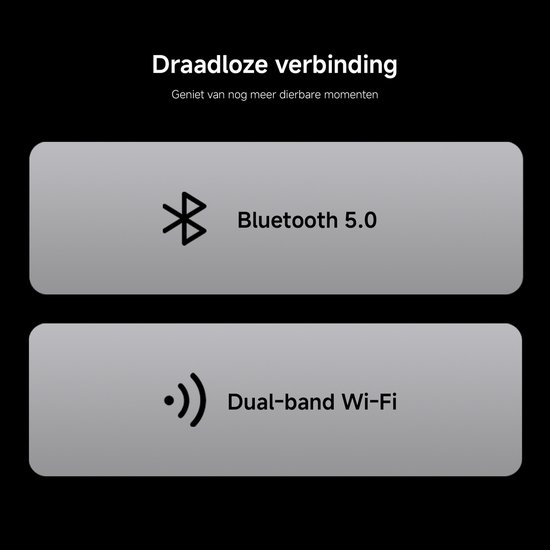 Twee knoppen met Bluetooth 5.0 en Dual-band Wi-Fi logo's.