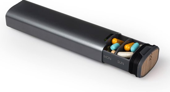 Boîte à pilules pour 7 jours par semaine - Élégante boîte à pilules de haute qualité en aluminium et bois avec grande capacité pour les compléments, les pilules, les vitamines et les médicaments. (Zwart)