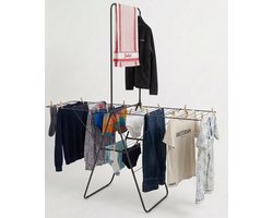 XL Wasrek Inklapbaar - Droogrek Inklapbaar - Met Drie Niveaus - Ruimtebesparend - 28m Drooglengte - XXL Stang voor Eenvoudig Drogen van Lakens, Dekbedovertrekken en Overhemden - Mat Zwart - Binnenstyle Aerio Wing