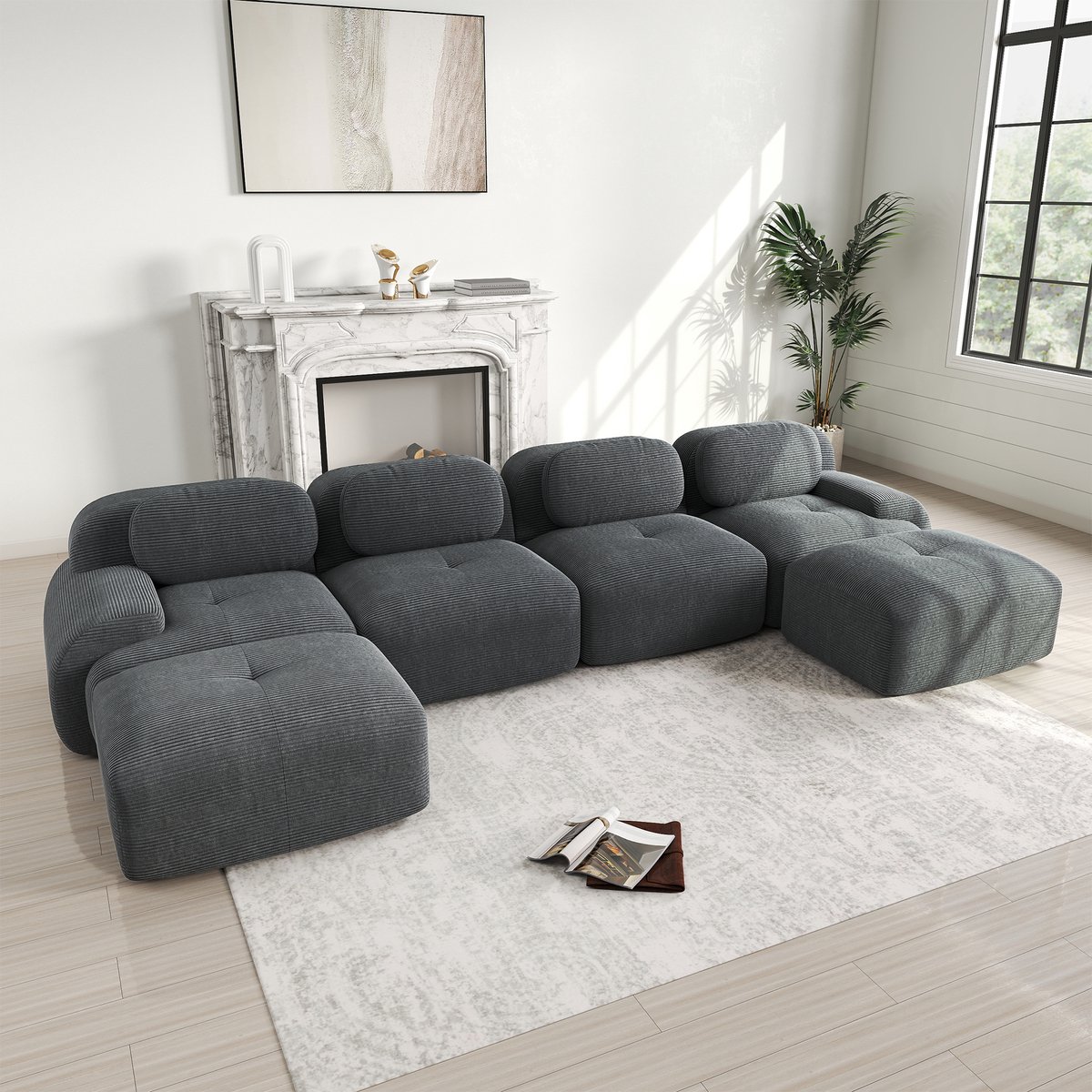 Zubaliya Moderne Hoekbank, U-Bank, 4-Zitsbank, Moderne 388 cm Brede, Converteerbare Hoekbank met Voetenbank, U-vormige Modulaire Corduroy Bank, Compacte Bank voor 4-6 Personen voor de Woonkamer, Extra Diepe Zitting, Geen Montage Nodig-Grijs