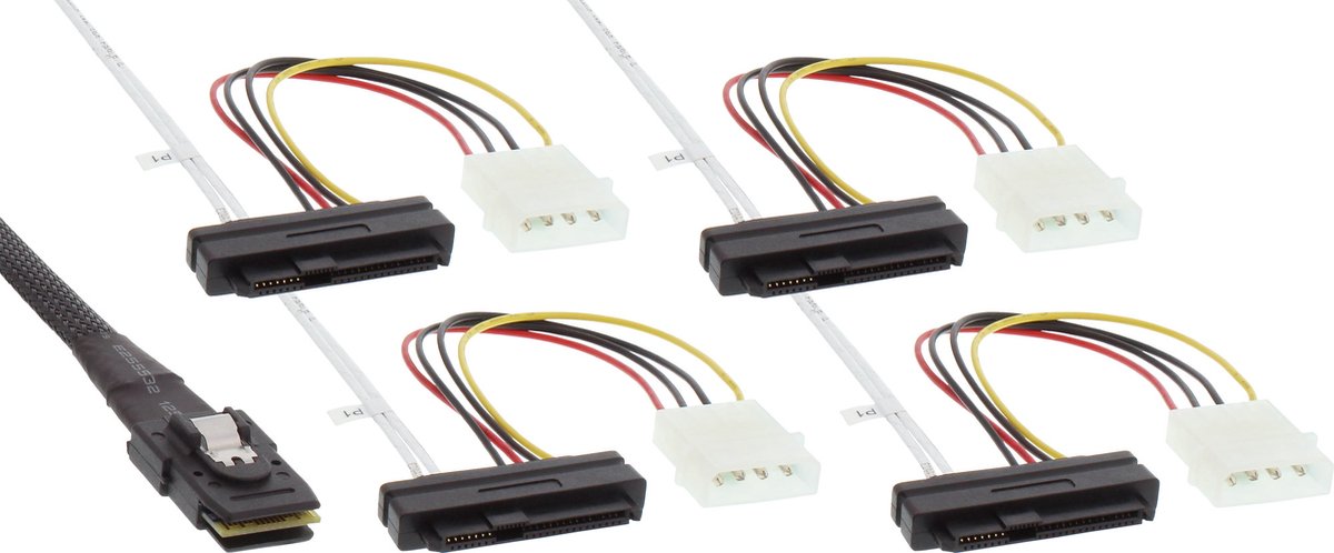 InLine® SAS verbindingskabel, Mini-SAS SFF-8087 naar 4x SAS + voeding, 0,75m