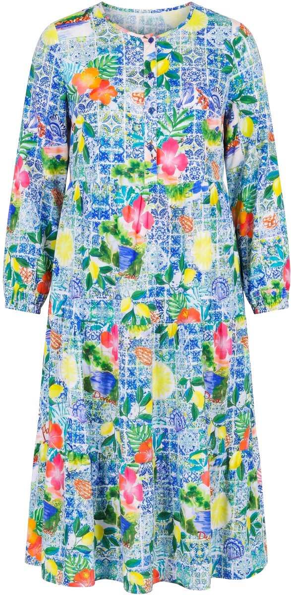 Angel of Style - Dames - Maxi-jurk Capri-motief lange mouw volants - Blauw - Maat 60