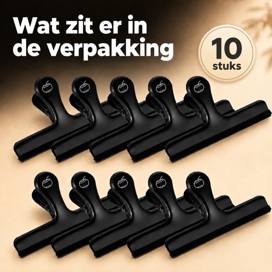 Tien zwarte, grote vershoudclips met een appel-logo, op een lichte achtergrond.