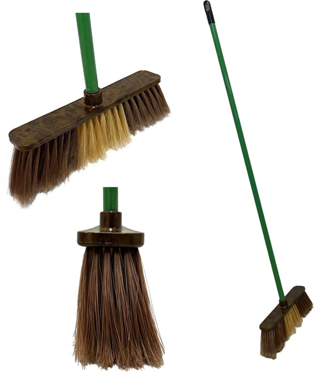 Zachte Binnenbezem met Steel 132x32cm - Parketborstel & Laminaatbezem - Houten Design - Antikras Vloerveger - Stofbezem voor Woonkamer & Kantoor - Zachte PP Borstelharen - Duurzame Veger voor Harde Vloeren - Houten Design - Groen bezemstok