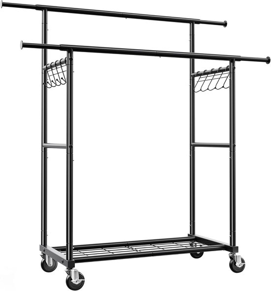 Een leeg, dubbel, zwart metalen kledingrek op wielen, met zijhaken en een mand onderaan.
